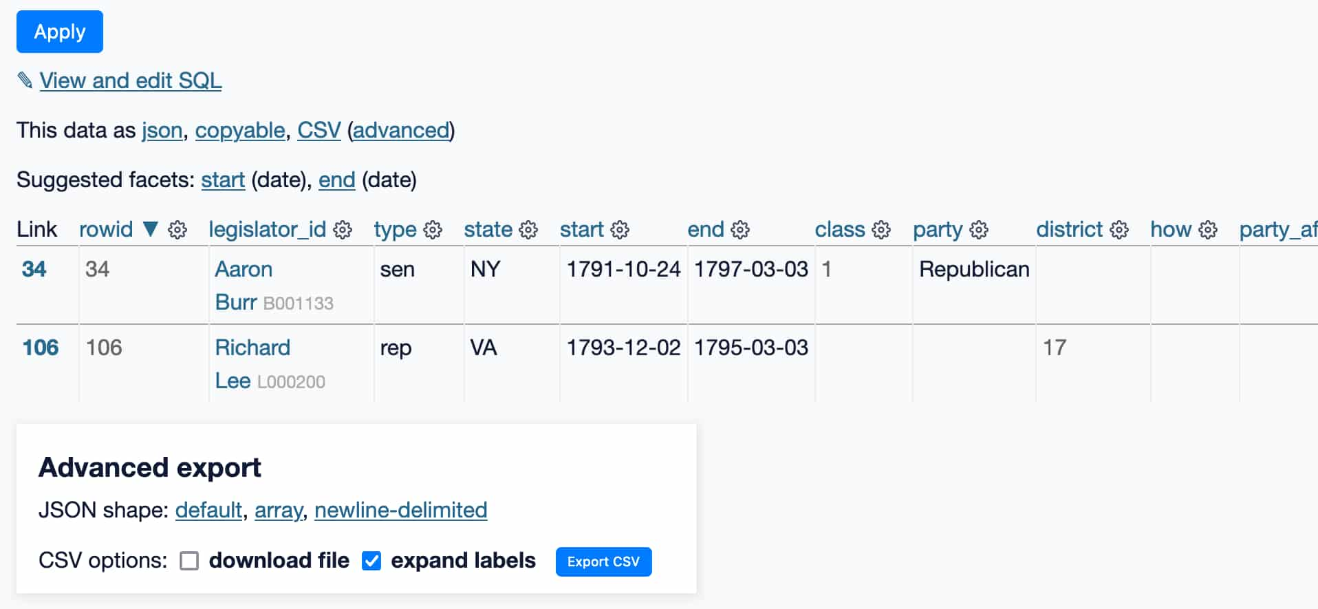 The export options live both above and below the table - above is the links to CSV, JSON and copyable while below is an Advanced export box with more options.